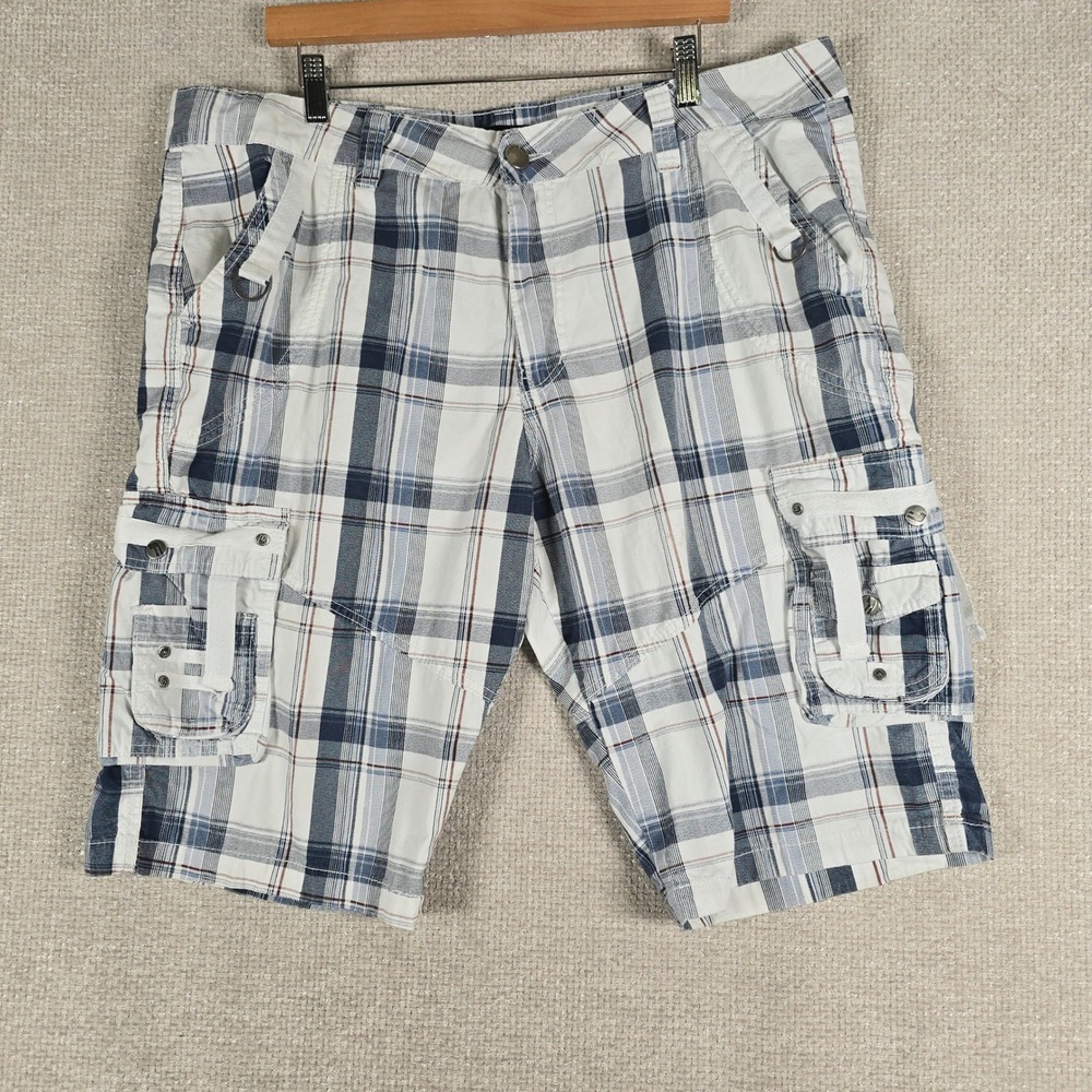 Fried Denim Mens Plaid Cargo Shorts Blue White Size 38 Cotton Multi Pocket